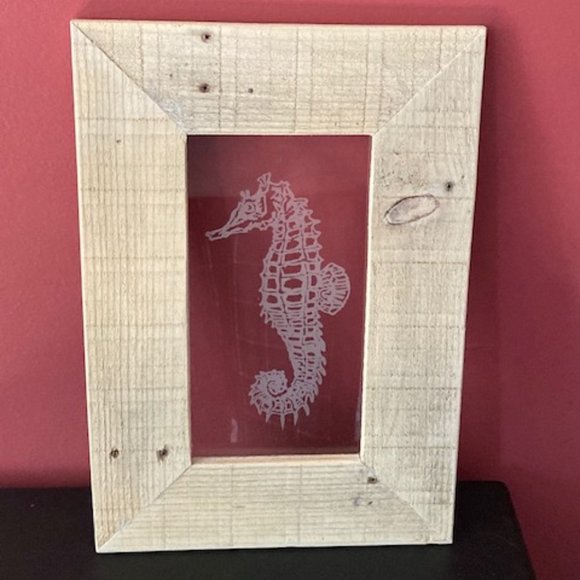 Other - Seahorse Handmade Etched Glass & Wood Frame Art - Industrial / Farmhouse style